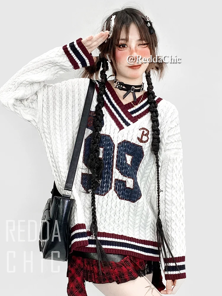 ReddaChic Women White Graphic Cable Knit Sweater Teen Girl Contrast Striped V-neck Long Sleeves Jumper Top Casual Retro Clothes