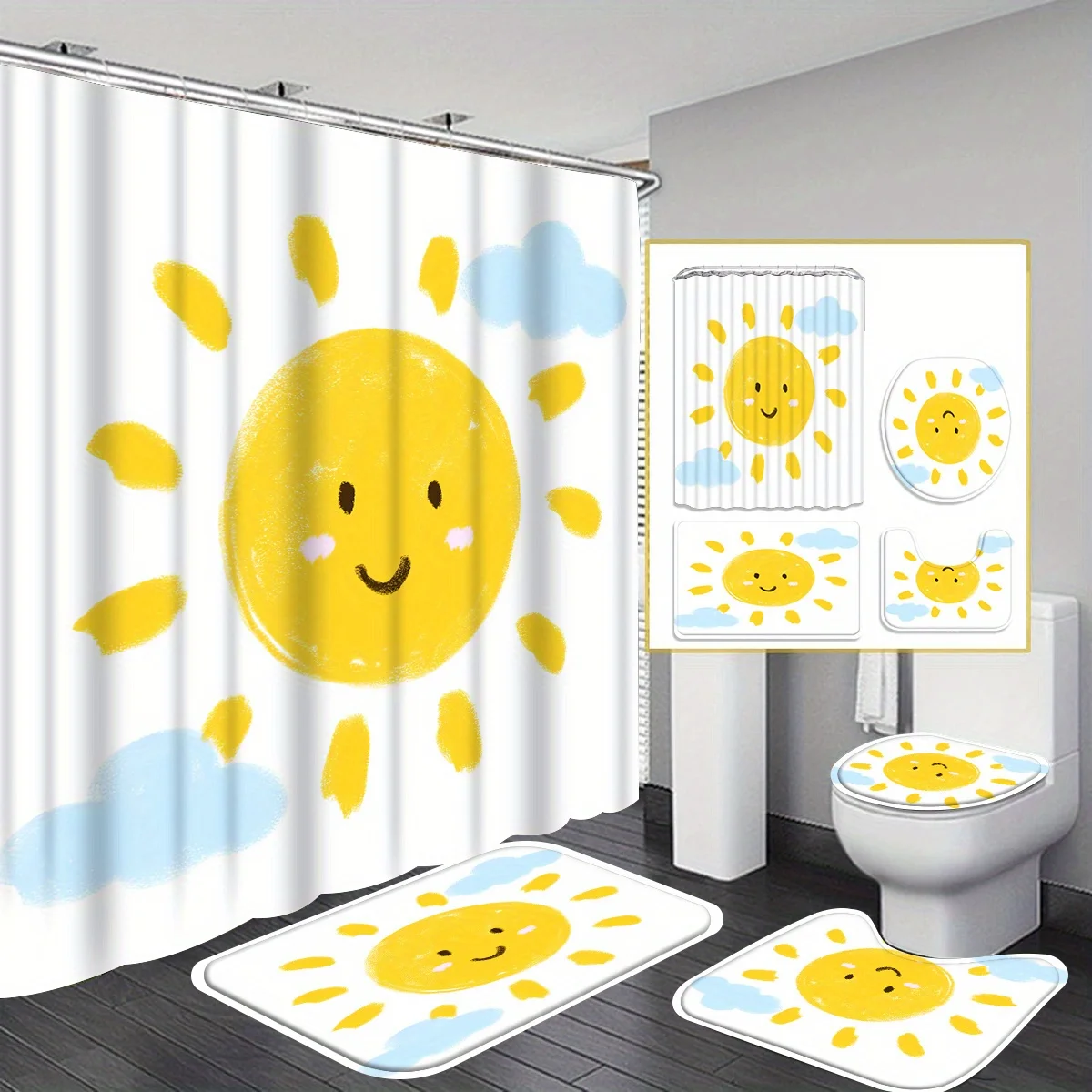 Sun Decorative Shower Curtain Bathroom Set - Machine Washable, with 12 Hooks, including Toilet Seat Cover and Bathtub Mat