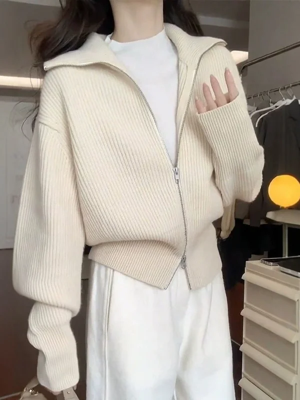 

Женский вязаный открытый кардиган с двойной молнией, мягкий уютный свитер Jaet ort Sle, осенне-зимняя модная повседневная одежда