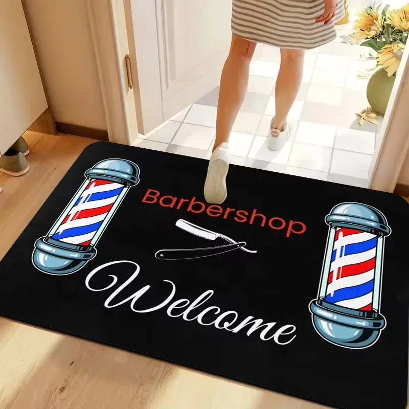 VIKAMA Vintage Barber Shop Logo Mat Non-Slip Entrance Rug Doormat, Washable Floor Carpet for Home Office Salon Men's Room Decor