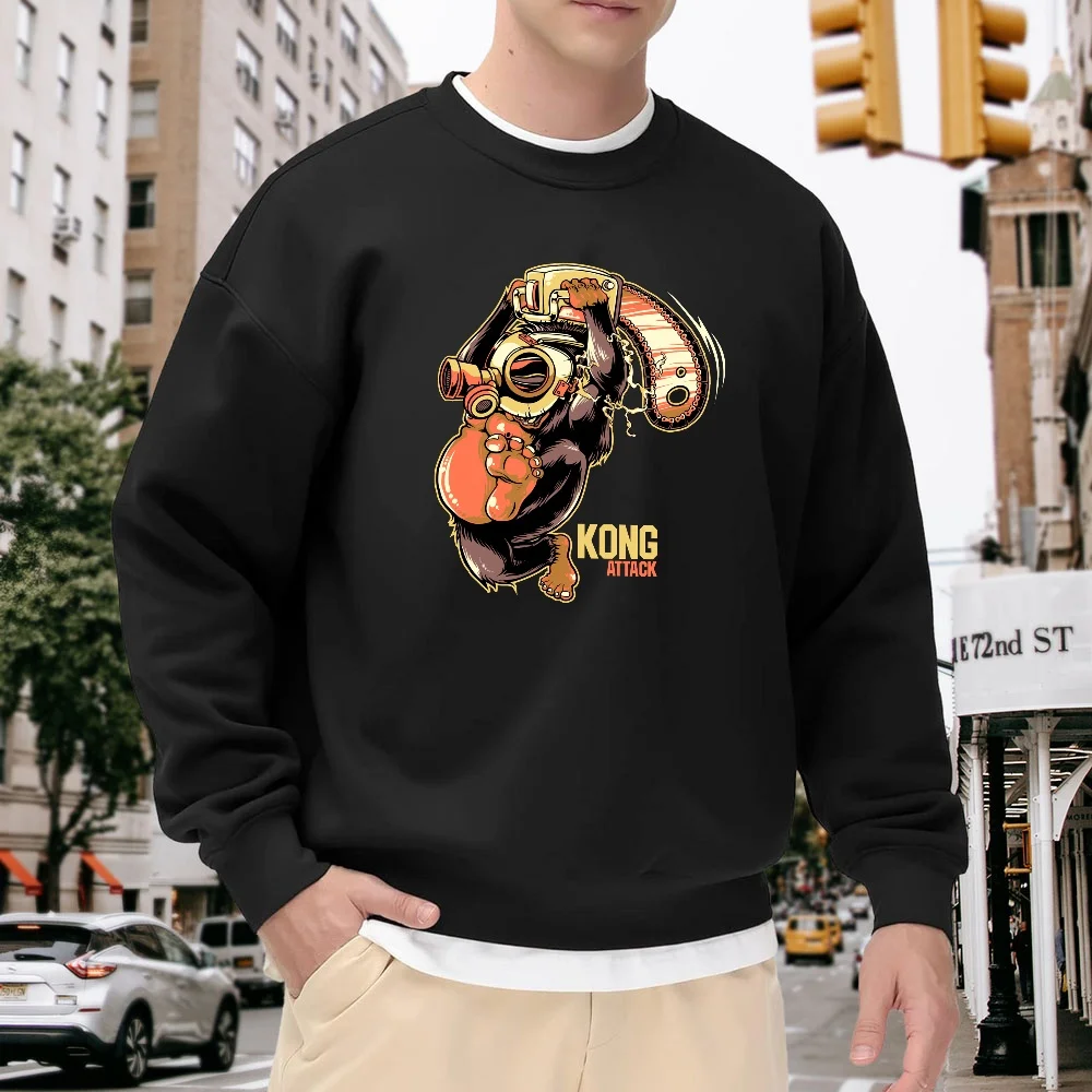 

Men's Black Crew Neck Loose Sweatshirt with Fun Gorilla Print, Street Fashion Casual Versatile Top, Comfortable for Everyday Wear and Sports