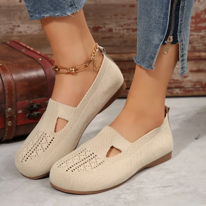 Loafers Autumn Casual Shoes Women Flat Heel Square Toe Hollow-out Sneakers Barefoot Shoes Moccasin Female Knitted Flats