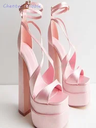 Pink Double Platform Block Heel Sandals Square Open Toe Block High Heels Cross Strap Dress Party 2024 Women Shoes Summer New