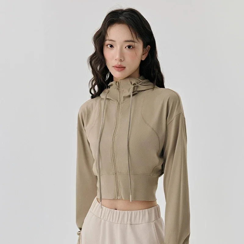 Women's Loose Slim Hooded Short Sports Jacket Coat Zipper Outdoor Casual Versatile Yoga Wear Fitness Running Training Top Cloth