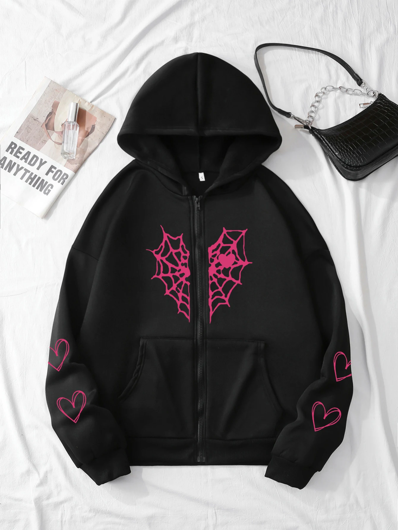 XUANSHOW Herbst Winter Lose Frauen Hoodies Gothic Harajuku Y2k Kleidung Spinne Web & Herz Druck Zip Up Thermische Strickjacke Mantel – Detail 10