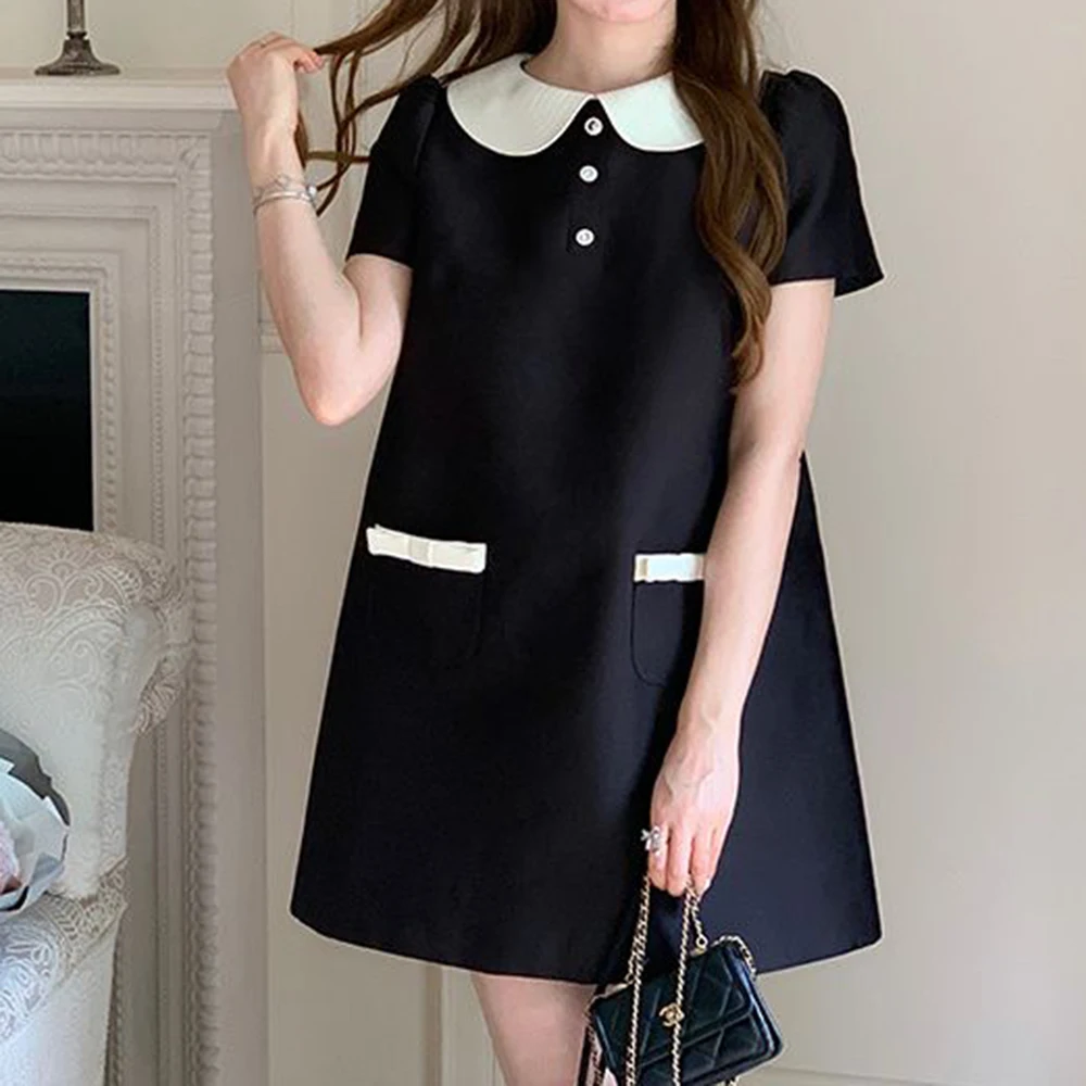 High-end small fragrant wind doll collar dress women's 2026 summer loose short-sleeved age-reducing small black dress