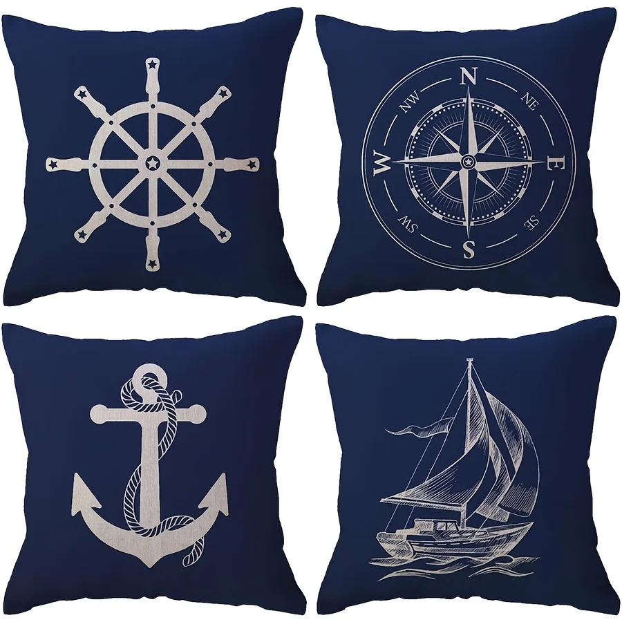 Navy Blue Ocean-Themed Pillowcases with Ship Wheel Compass Anchor and Sailboat Designs Sofa Cushion Cover Home Decoration