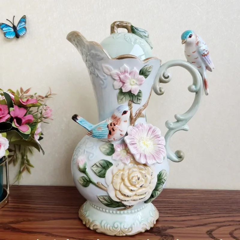 European Ceramic Tea Kettle Flower Bird Relief Coffee Cups Home Afternoon Tea Dessert Dish Exquisite Practical Drinking Utensils