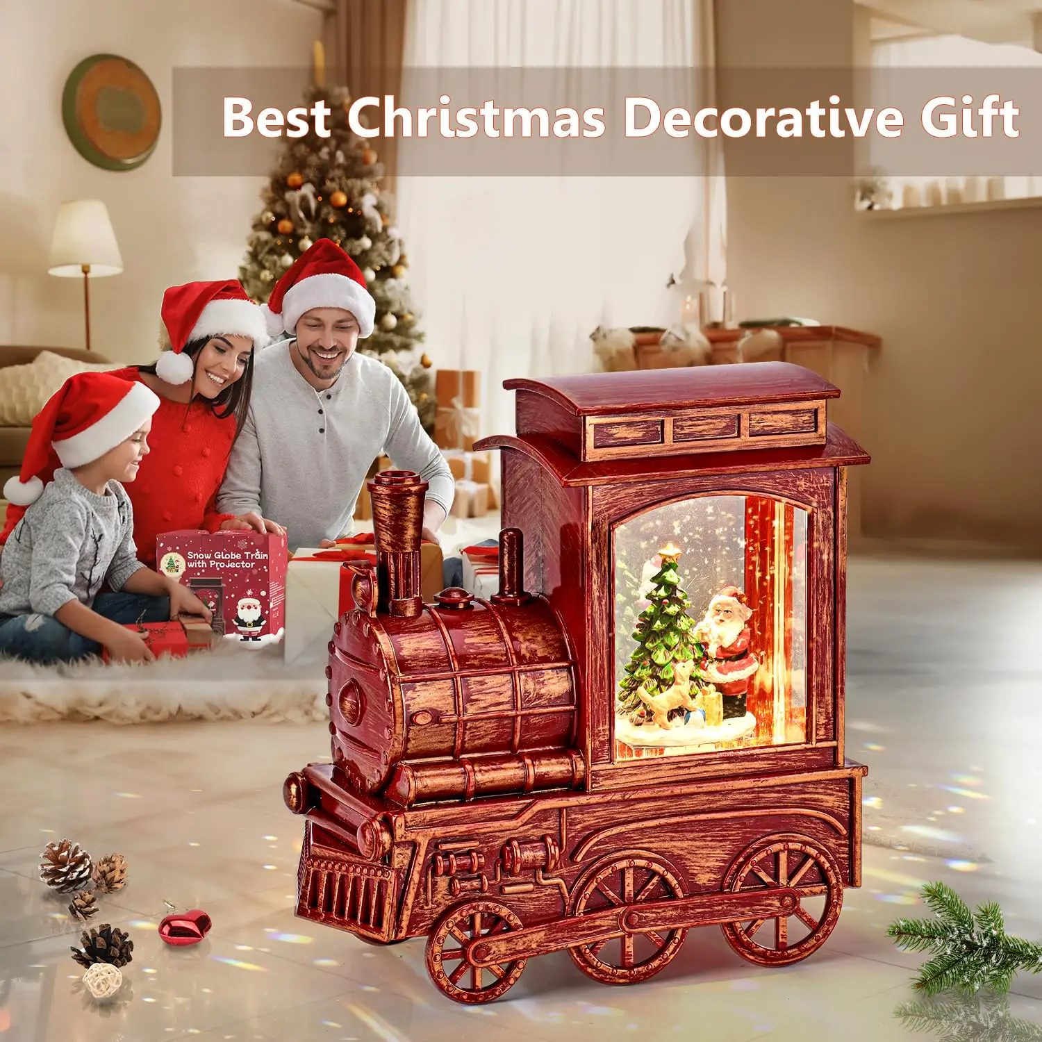 Vintage Christmas Train with Santa and Cute Dog Projection, Lighted Snow Globe, Musical Lantern for New Year, Dec