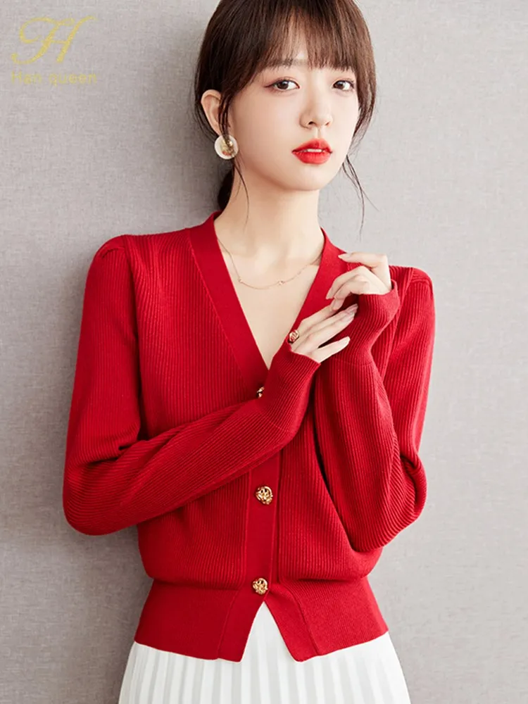 H Han Queen 2024 Autunno Inverno Coreano Con Scollo A V Rosso Cardigan Lavorato A Maglia Maglione Donna Casual Basic Manica Lunga Cardigan Vintage