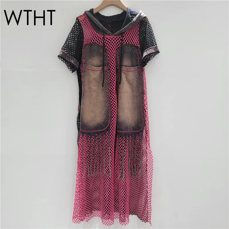 

WTHT Fashion Vintage Women's Mesh Hollow Out Spliced Denim Hooded Dress 2025 Summer New Short Sleeves Dresses Female 1LS2099