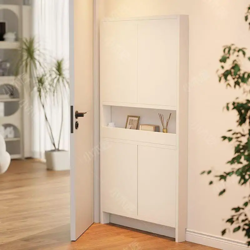 Solid wood with door ultra-thin storage cabinet, bookshelf behind door, extremely narrow shelf without punching, ultra-thin stor