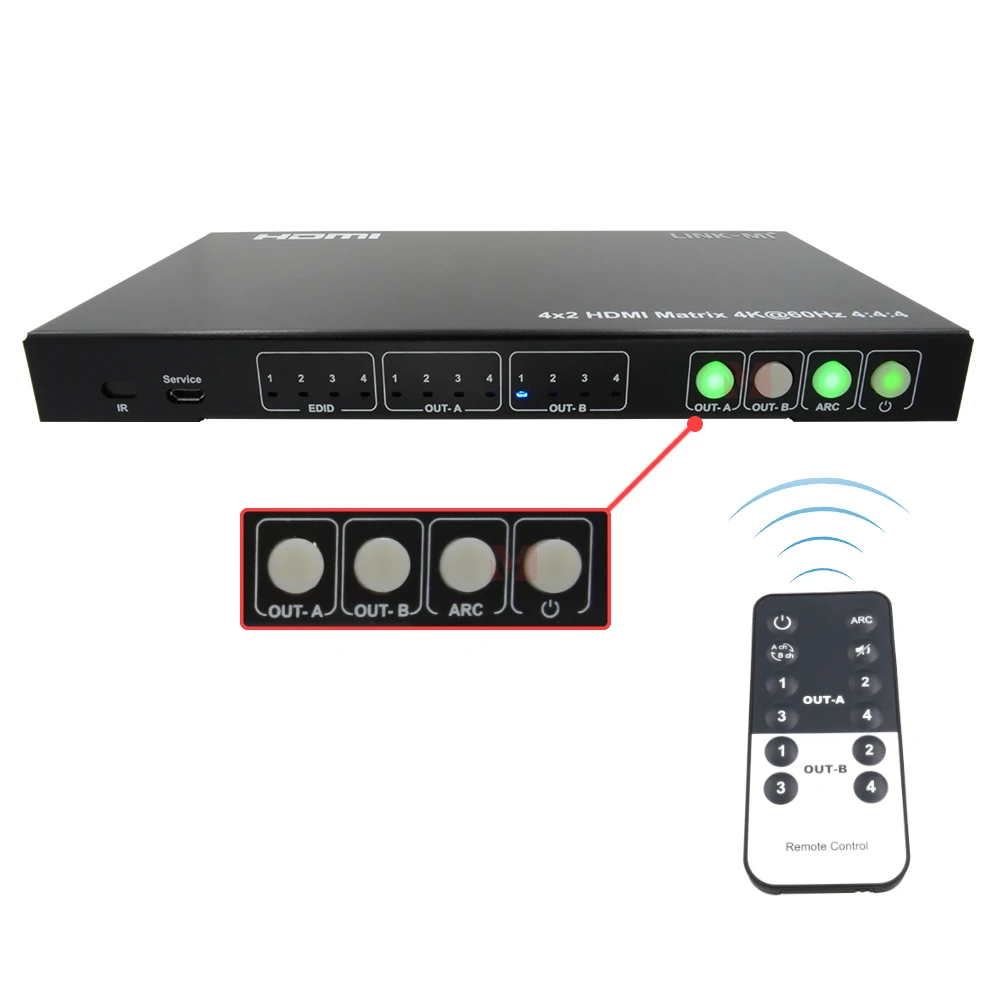 

Матрица 3D 4x2 HDMI 4K60 Гц HDMI 2.0 HDCP 2.2/1.4 с ИК Db Vision и HDR10 Поддержка SPDIF Analog Audio 2.0 Extraction