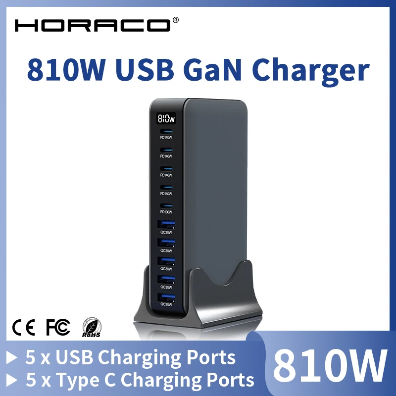810W GaN Charger USB C Fast Desktop 10-port USB Type C PD3.1 Charger Fast Charging for iPhone Samsung Xiaomi Macbook