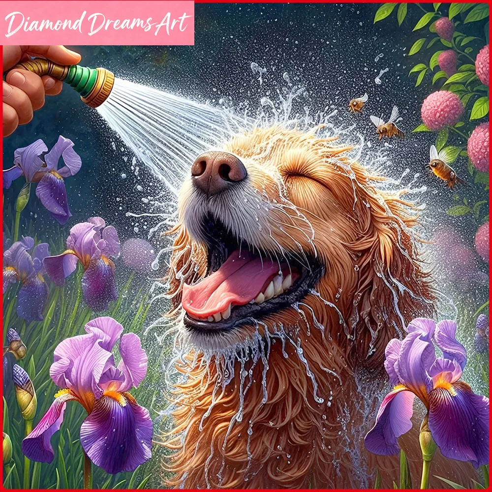 Neuheiten: Diamond Painting Set 'Hund beim Baden', Diamant-Mosaik Tier- und Blumenmotiv, Komplettes Bastelset, Rahmenlos