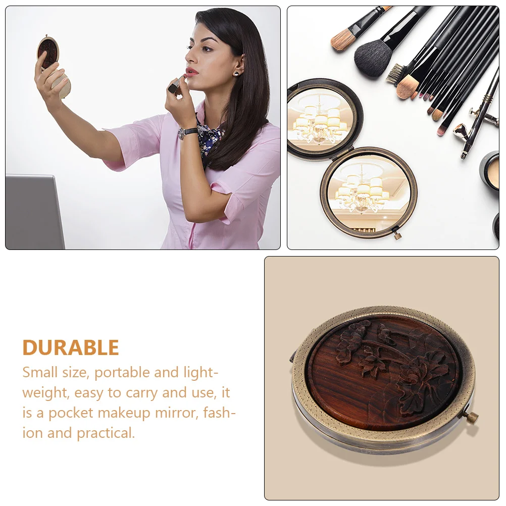 2 레트로 화장대 거울 작은 손 여행 나무 소형 빈티지 양면 메이크업 거울 포켓 지갑 경량 휴대용