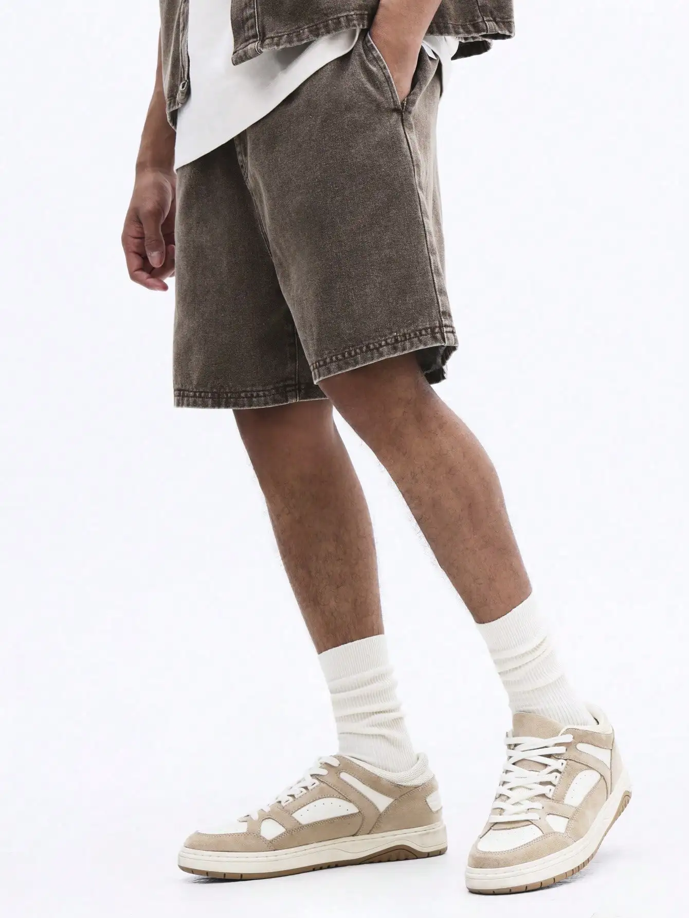 

Oversized Denim Shorts Set Short Sleeve Button Up Vintage Washed Brown Taupe Relaxed Fit Summer Casual