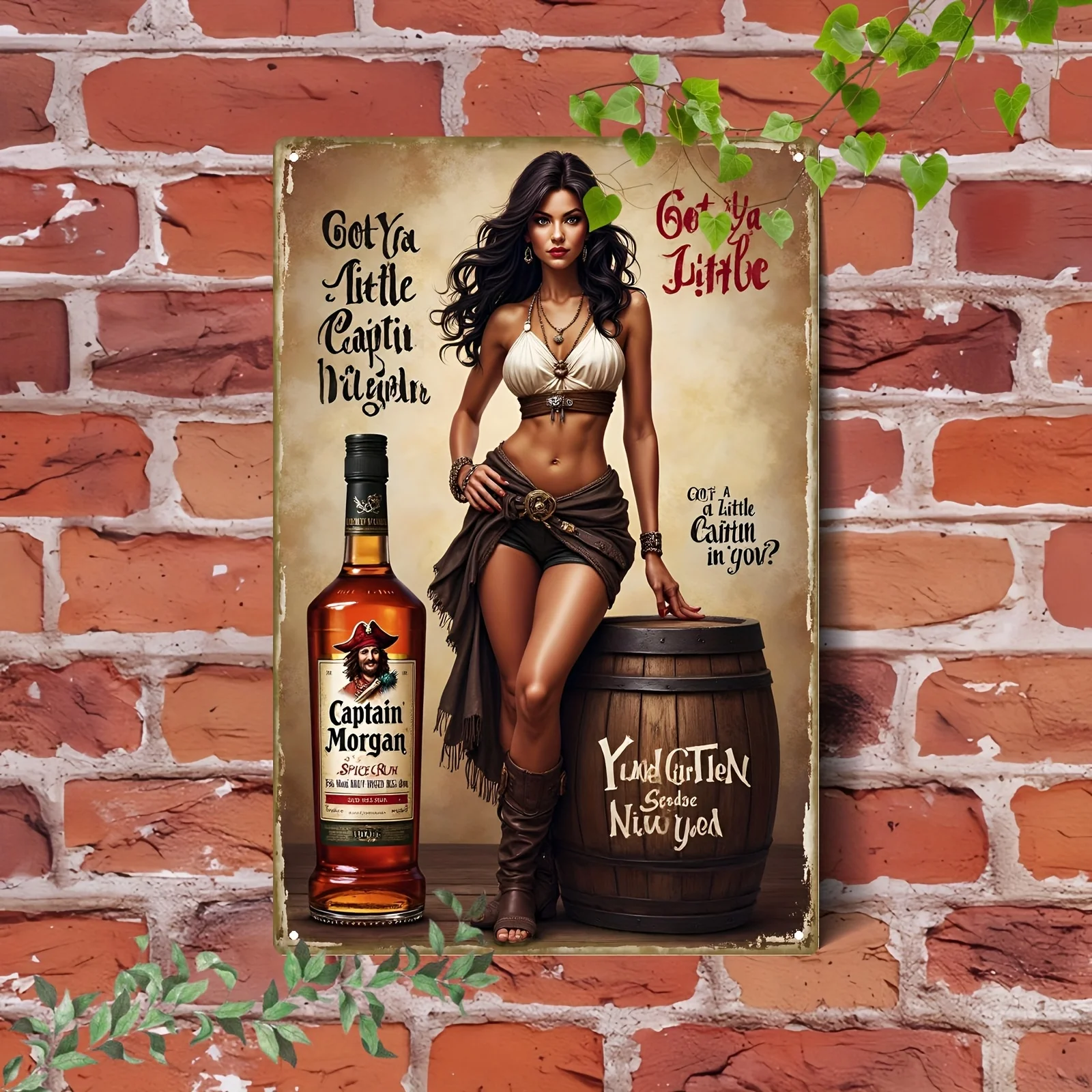 2D Flat, Whiskey Barrel & Whiskey Lady Metal Wall Art Sign Western Bar Decor with Captain Whiskey Suitable for Home, Bar, Pub