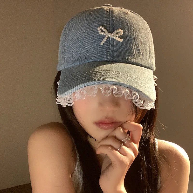 Korean Version of Niche Lace Denim Baseball Cap Female Sweet and Cute Three-dimensional Pearl Bow Trendy Sports Hat Casquette