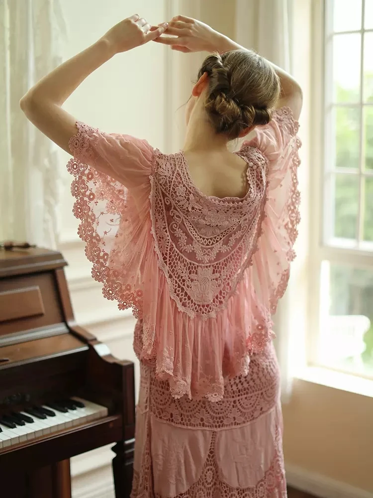 96cm Bust Spring Summer Women Victorian Vintage Exquisite Lace Loose Soft Comfortable Cotton Pink Sleeveless Tank Maxi Dresses