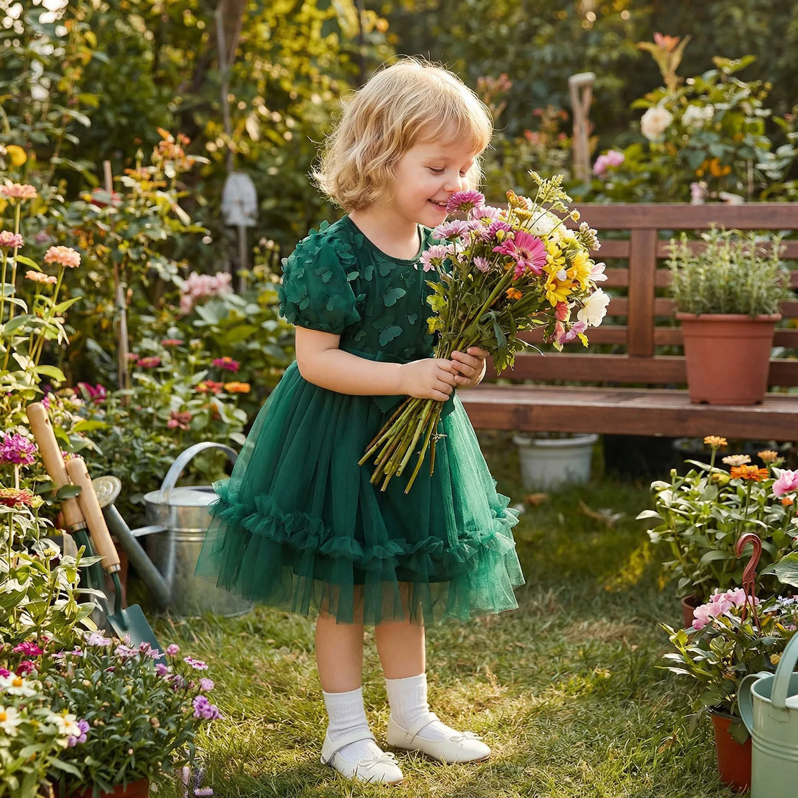 3-10Y Little Girls Summer Princess Party Dress 3D Butterfly Decorated Short Sleeve Round Neck Tulle Mesh Lace Dresses