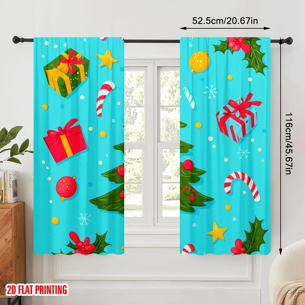 2pcs,2D plane printing Light Filtering Curtains Christmas Tree Gift Holly Star (3) Versatile Polyester (without rod) Holiday Use