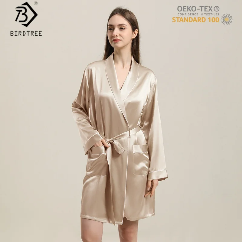 

BirdTree, OEKO-TEX, 22MM 100%Silk Night-robe, Women Long Sleeve Sash Morning Robe, Elegant Pajama Robe, 2026 Spring New P64119JF