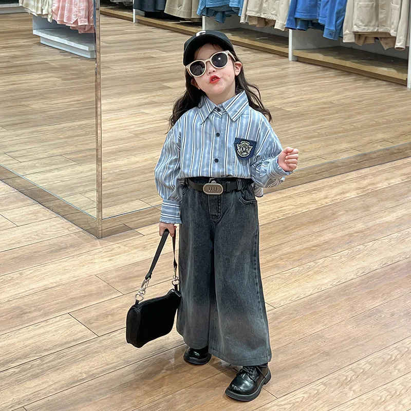 

Girls Academy Style Shirt 2024 Spring New Childrens Stripe Shirt Western Style Gradient Jeans Set