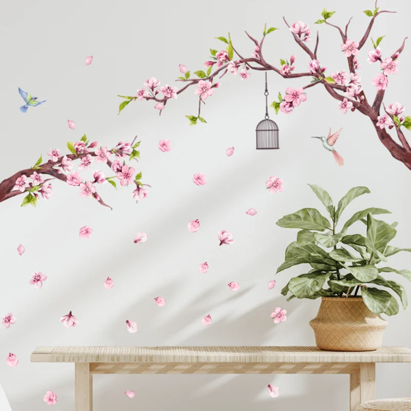 Pink Peach Blossom Branch Bird Cage Wall Sticker Cartoon Children's Bedroom Background Decoration Kindergarten Classroom Sticker