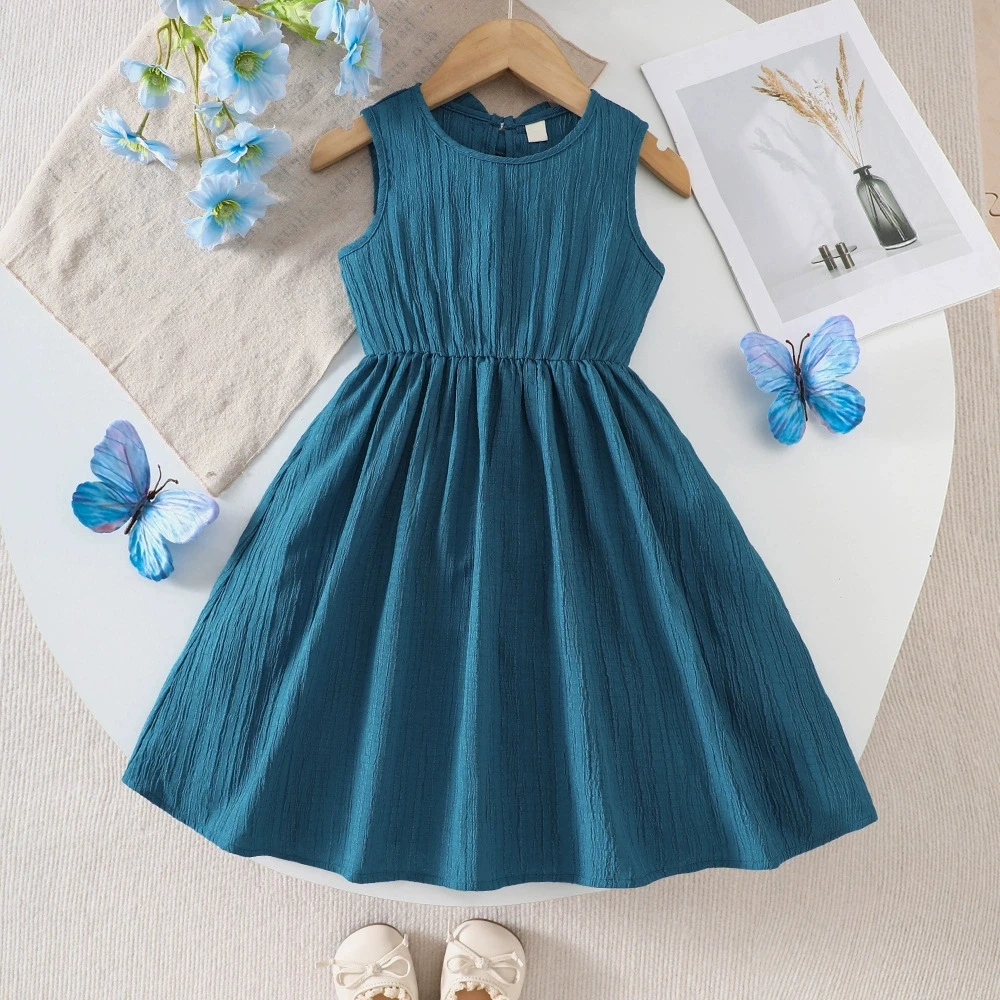 

Blue Girls Summer Dress Sleeveless A-Line Vest Dresses & Bow Waist For Weddings Parties Children Outfit Baby Girl's Clothing