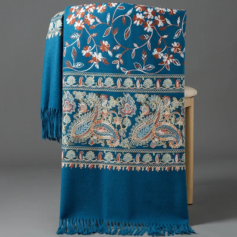New Women Soft Winter Cashmere Scarf Embroidered Cashew Pashmina Luxury Brand Shawls and Wraps Echarpe Warm Scarves image 2