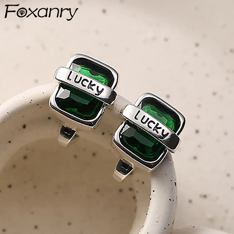FOXANRY Prevent Allergy Green Zircons Earrings for Women Couple INS Fashion Vintage Punk Lucky English Letter Party Jewelry Gift