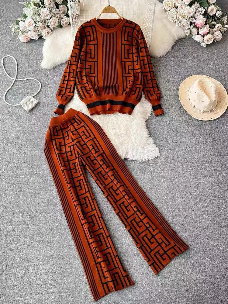 Women's Long Sleeve Jacquard Knit Top 2-Piece Labyrinth Print Loose Sweater + Wide Legs Long Pants Korean Style Casual Chic Suit