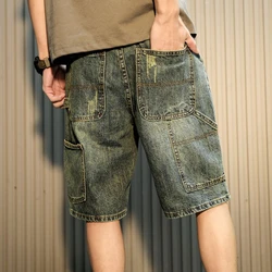 With Pockets Men's Short Jeans Pants Long Knee Length Straight Half Bermuda Male Denim Shorts Cargo Sale Stretch Retro Xl New In