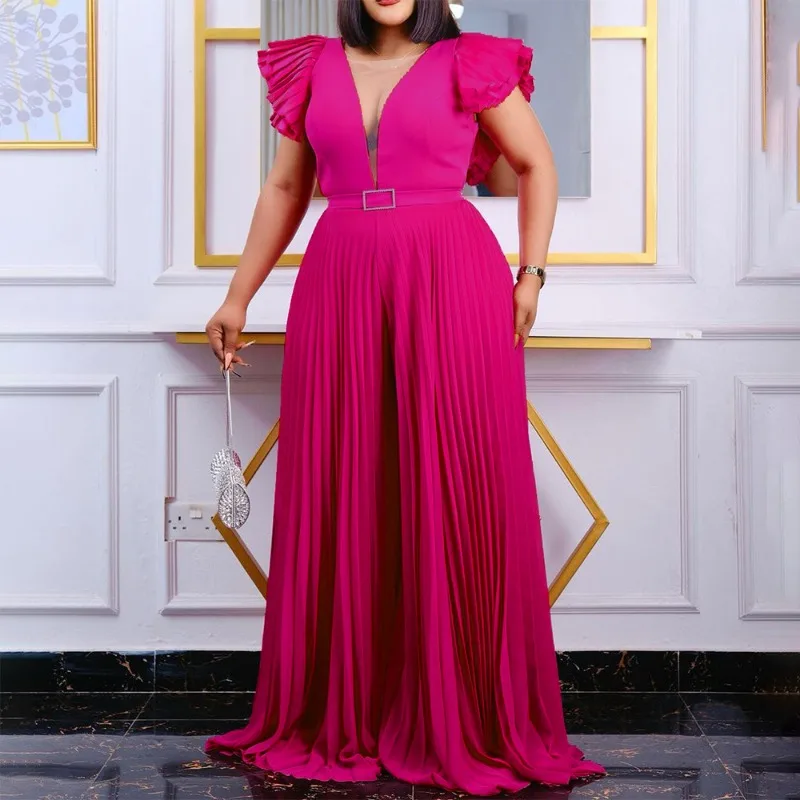 

Роскошные плиссированные комбинезоны и комбинезоны для женщин, новинка 2025, V-образный вырез, оборки, рукав, пояс, талия, длина до пола, элегантные комбинезоны на день рождения, хит продаж