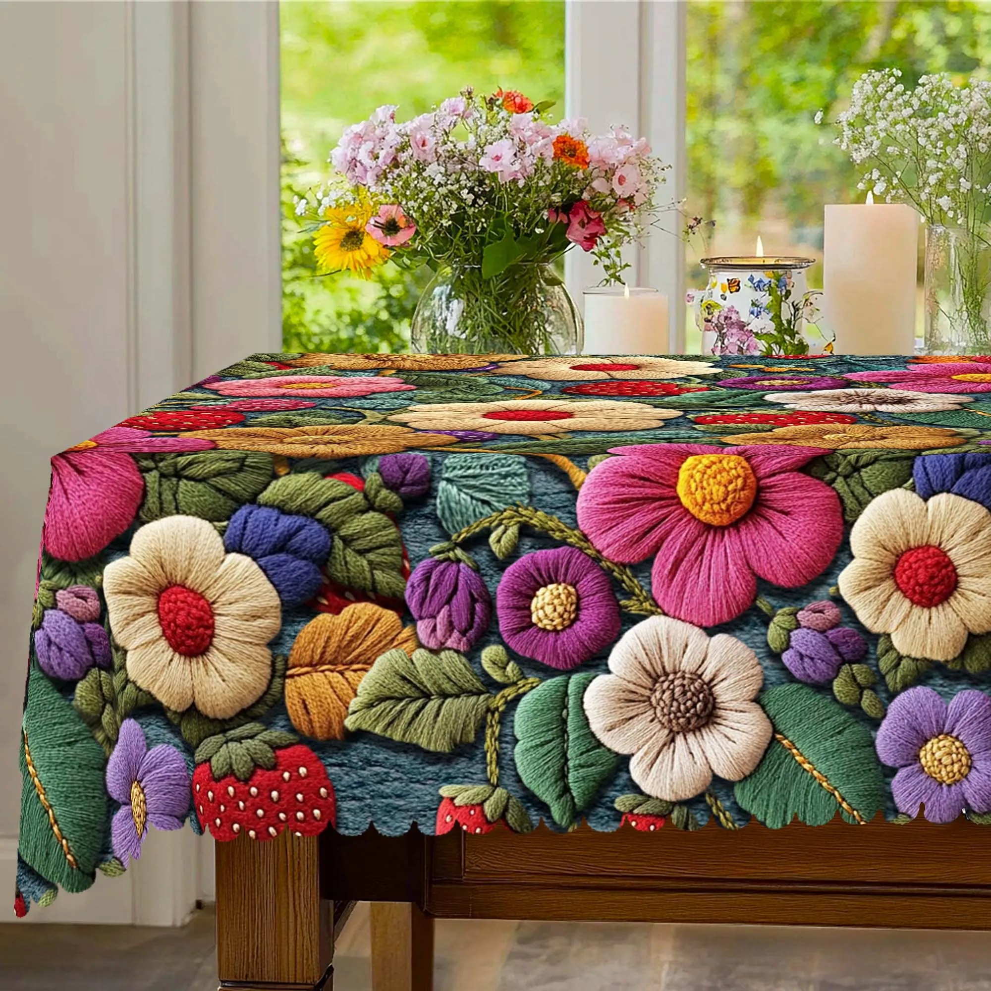 1 Piece of Spring Floral Print Tablecloth, Colorful Florals, Strawberry Pattern, Edge Embossing Process, Round and Rectangular Optional Suitable for Spring and Summer Indoor and Outdoor Table Decoration, Kitchen Decoration, Party Decoration, Banquet Decoration, Outdoor Picnic Decoration, Easter Decoration