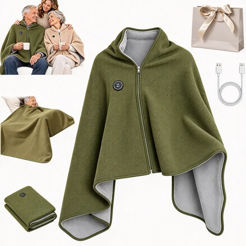New Wearable Heated Cape Shawl Poncho USB 3 Level Zipper Knit Plush Fleece Lined Foldable Washable Winter Warm Cozy Blanket Gift