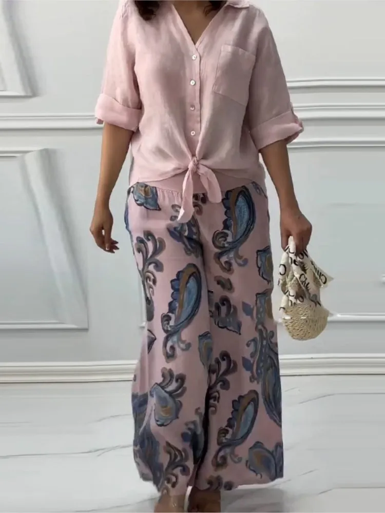 

Women Cotton V-neck Two Piece Sets Spring Autumn Casual Long Sleeve Pocket Shirts 2 Piece Set Fashion Loose Wide Leg Pants Suit