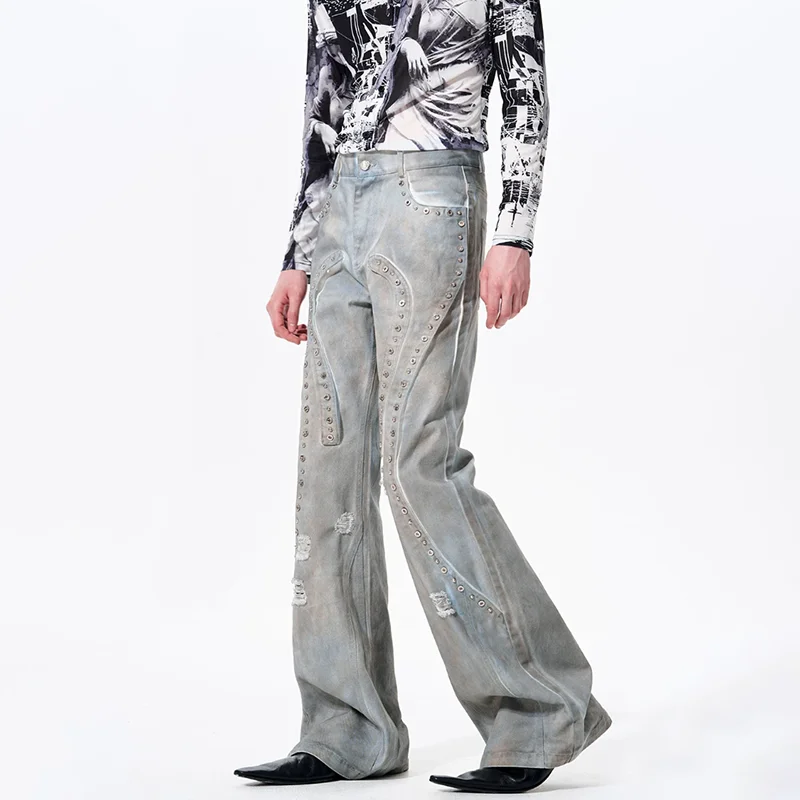 LUZHEN 2026 Spring Vintage Style Wornout Washed Bell-bottoms Jeans Men Rivet Metal Decorate Patchwork Design Denim Pants JY6466