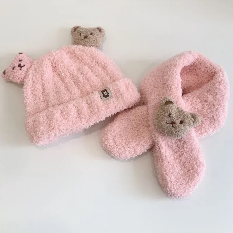 Little Bear Plush Baby Hat Autumn/Winter Baby Hat Scarf One Piece Set for Children\'s Warm Ear Protection Hat Super Cute