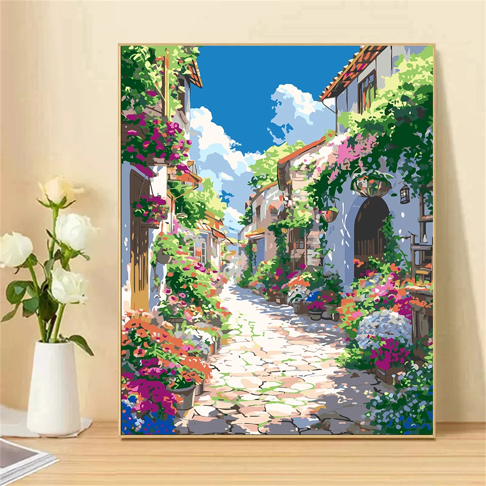 Paint by Numbers For Adult Kit The Streets Surrounded By Flowe DIY Dropshipping acrylic Oil Painting Canvas by Number Home Decor