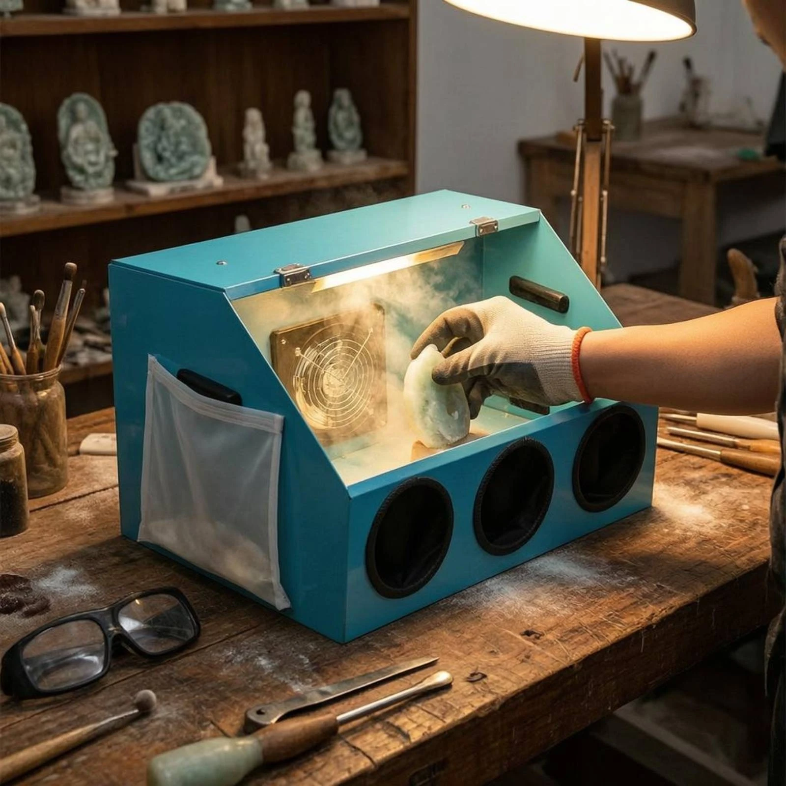 

Grinding Dust Enclosure Metal Polishing Dust Enclosure Enclosed Grinding Box Hand Slots Workshop Gear Blue