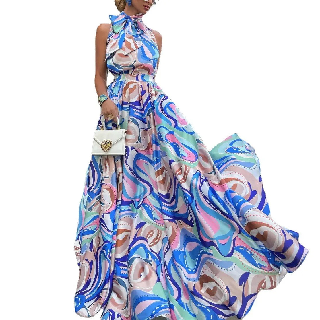 فستان نسائي مُزين بطباعة بدون أكمام فساتين على طراز بوهو فساتين نسائية طويلة متأرجحة كبيرة ملابس للعطلات نمط فيستدوس بارا موجر