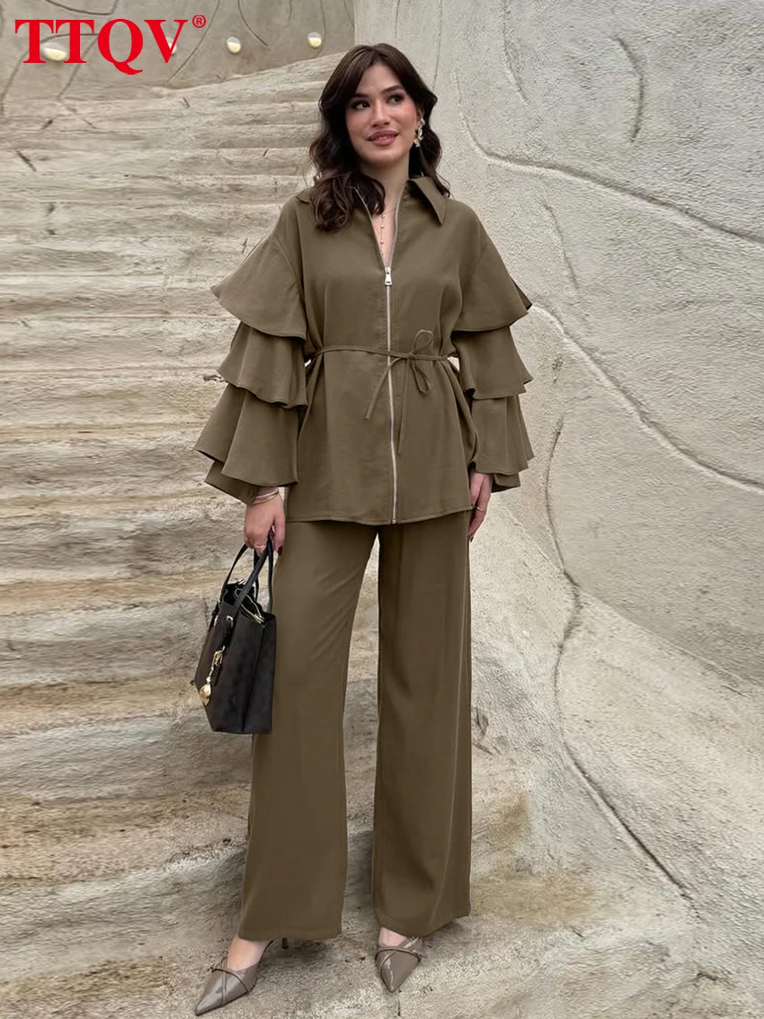 

TTQV Fashion Loose Khaki 2 Piece Set Women Elegant Long Sleeve Shirt With High Waist Wide Pants Set Female Clothing Streetwear