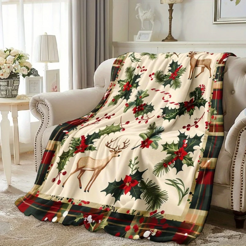 Plaid Reindeer Holly Christmas Throw Blanket, Soft Warm Sofa Bed Cover, Vintage Winter Holiday Decor