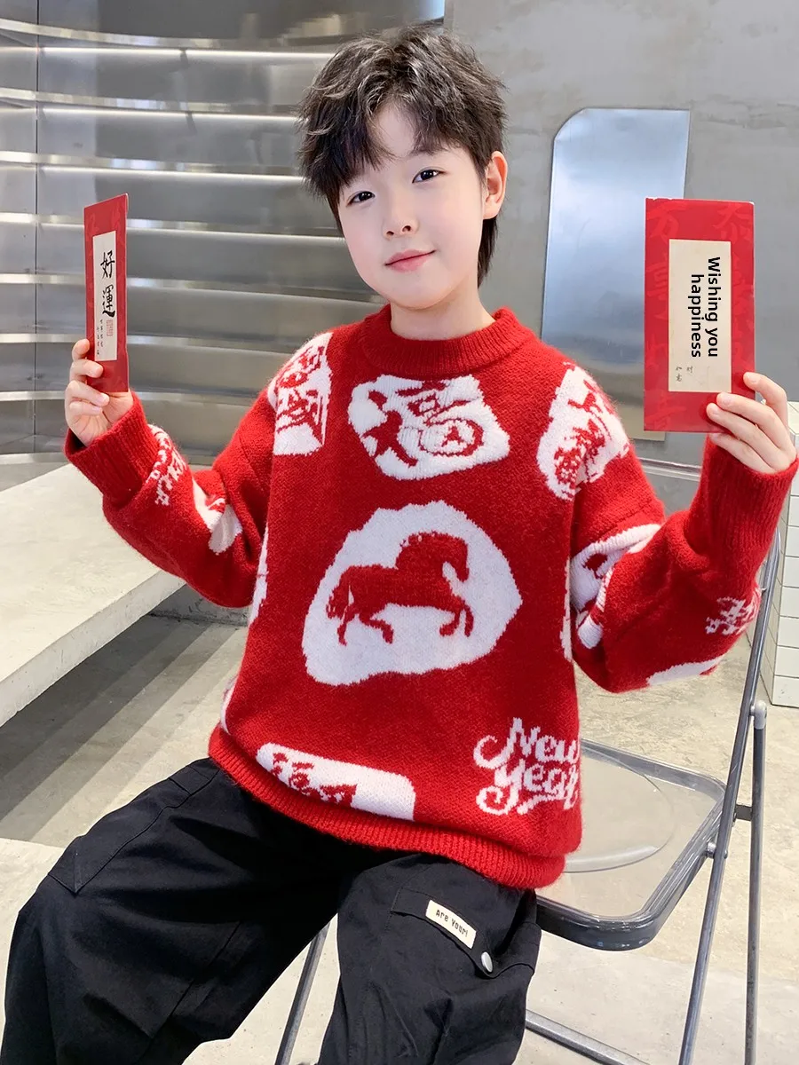 

Thiened красный вязаный круглый свитер Ne для мальчиков, теплый базовый слой, топ, повседневный свободный крой, длинный свек, текстовый узор, зима, Новый год