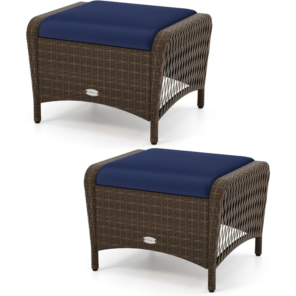 

2-Piece Wicker Outdoor Ottoman - Rattan Footstools w/Removable Cushions, Multipurpose Foot Rest, Additional Seating