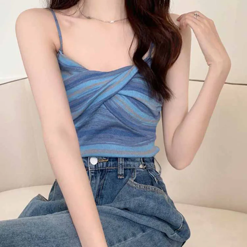 Summer Knit Camisole Crop Top Girls Twisted Contrast Color Striped Stretchy Sweet Hot Camis Sleeveless T-Shirt For Slim Lady