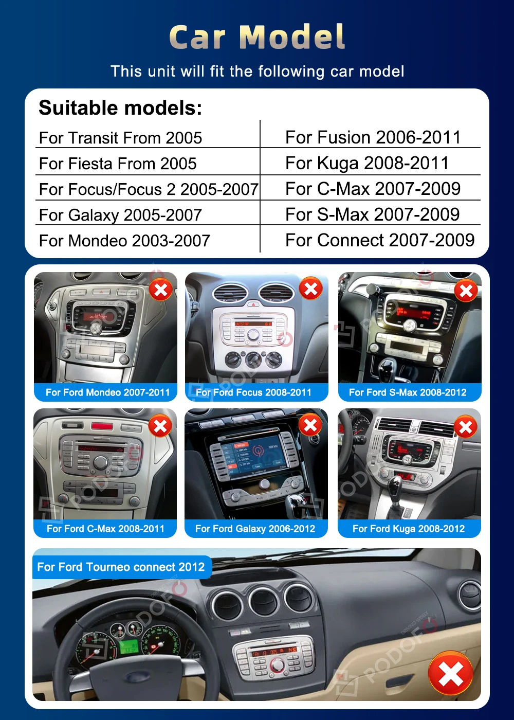 Podofo 2Din Android 11 GPS Car Radio FM Multimedia Player For Transit Fiesta Focus Galaxy Mondeo Fusion Kuga C-Max S-Max