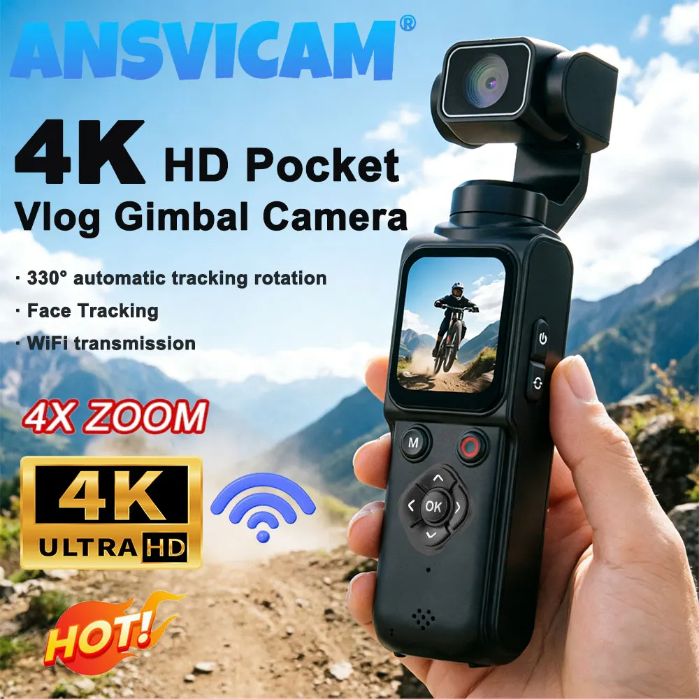 Caméra de vlogging de poche ANSVICAM 4K Wifi 330 °   Caméras d'action portables avec suivi du visage, écran tactile rotatif automatique, caméra sportive DV